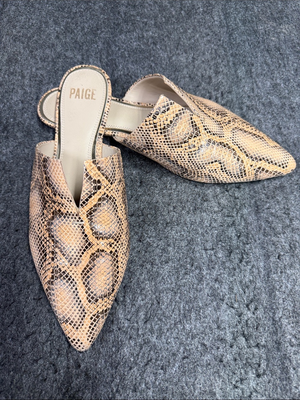 PAIGE Alia Beige Snake-Print Pointed Mules